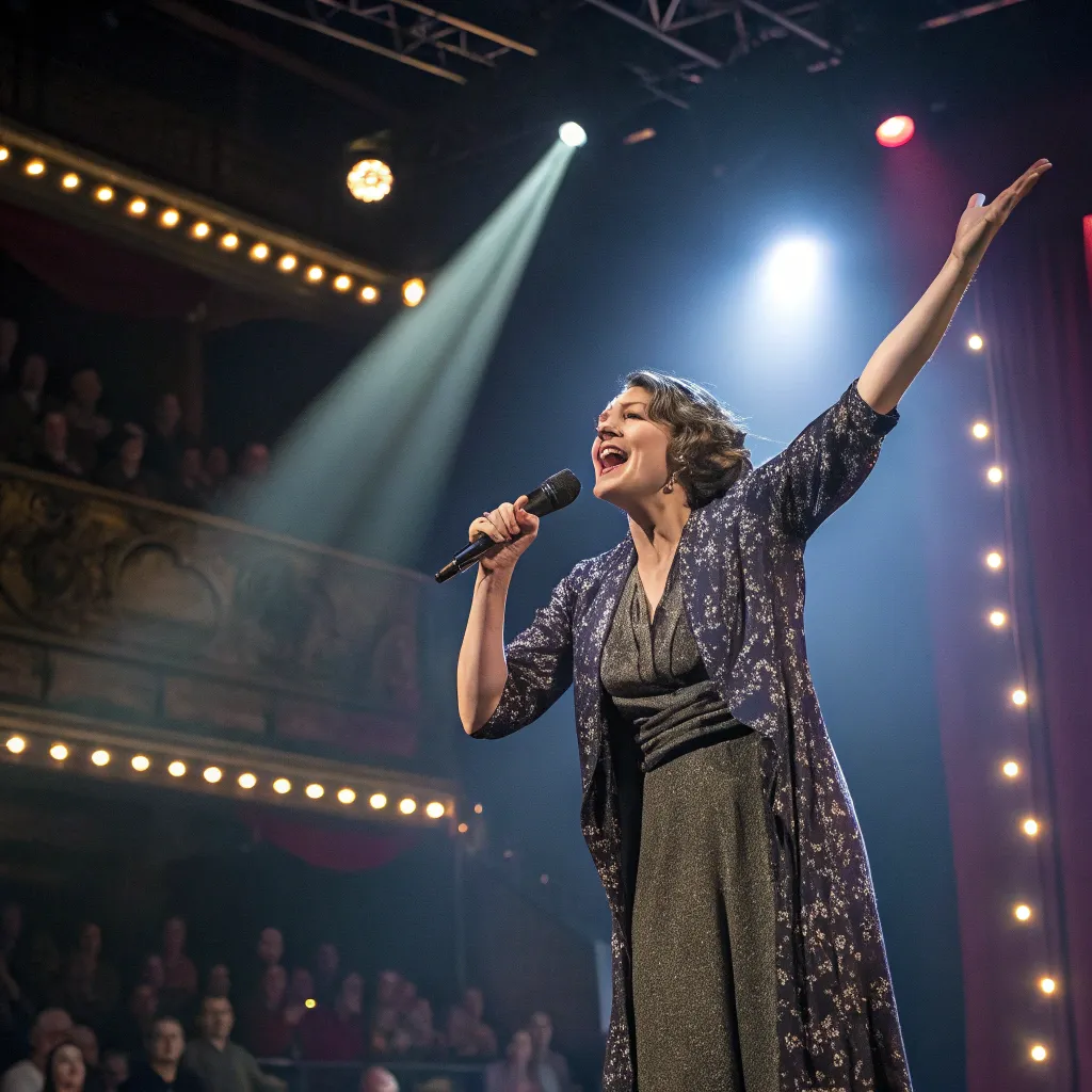 Stella Hayes performing on stage in a dramatic scene